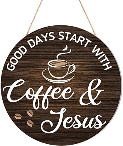 HMASYO кафе знаци Декор за кафе бар, Добри денови започнете со кафе и Исус, дрвена фарма куќа wallид знак кафе бар декор за