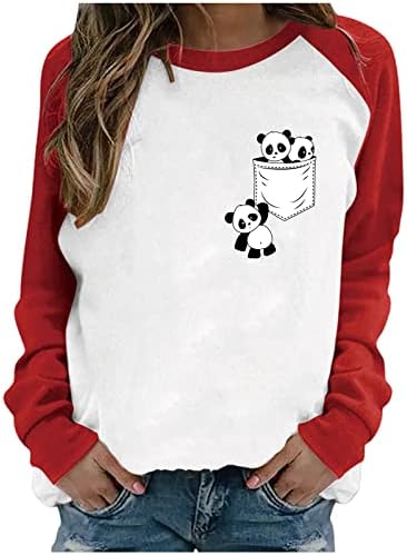 Панда пулвер врвови за жени со долги ракави во боја блок панда кошули за печатење Симпатична екипаж маица обична скокачка блуза