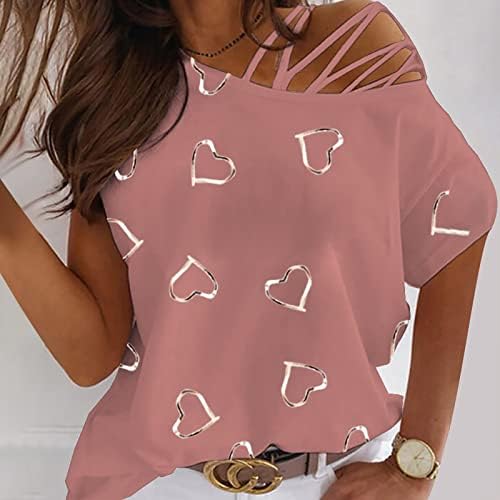 Женска loveубов печати летна обична маица кратка ракав Туника врвови ладно рамо лабава удобност кошули за блузи