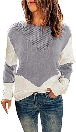 Џемпери за жени жени екипаж вратот со долг ракав пулвер врвен контраст во боја на дното кошула плетена џемпер