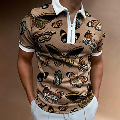Zddo Mens Polo кошули патент вратот, летен краток ракав мускулен голф мета врвови пеперутки печати гроздобер обична маица