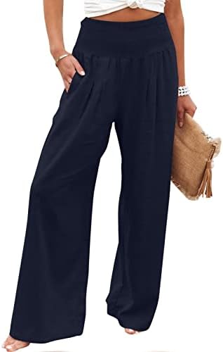 Lcepcy жени лето високо половината памучна постелнина пантацо панталони случајни широки нозе долги панталони панталони со џеб