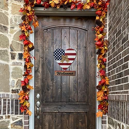 Гаплум виси дрвено срце со добредојден знак патриотски wallиден декорација, рустикално американско знаме од влезна врата од влезната
