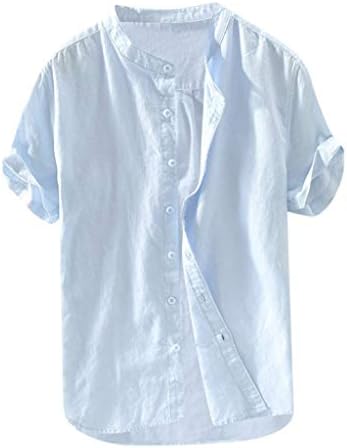 HDDK летни машки обични кошули памучни постелнини со краток ракав копче надолу со цврста боја тенок фит кошула на плажа без јаки