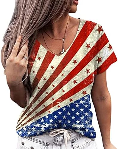 Патриотски кошули за жени американско знаме лето кратки ракави o starsвезди на маица на вратот, шарени лабави вклопувани куќи за обични