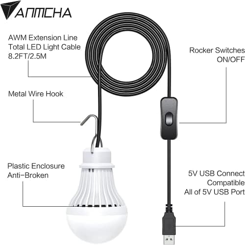 Anmcha USB сијалички за кампување со светло, светло за лесна светлина со должина од 8ft, светло за итни случаи на отворено, топло.