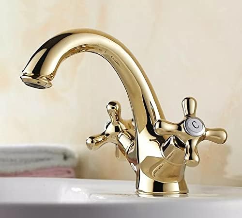 Месинг од златна боја месинг тапа бања мијалник мијалник миксер од чешма лебед вратот палуба монтирана двојна вкрстена рачка