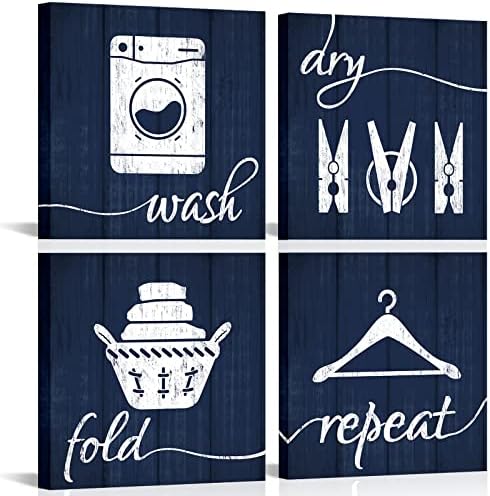 Хомеоарт алишта за перење Декор сини слики мијат суво преклопување алишта за перење алишта за алишта, wallидна уметност врамена 12inchx12inchx4 парче