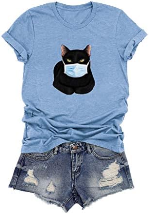 Мали Жени Смешни Маици За Печатење Мачки Врвови Обична Мода Блуза Со Кратки Ракави Светло Сина
