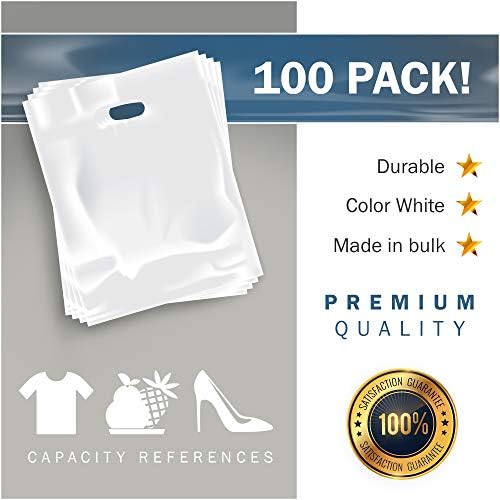 Екстра големи торби за стоки во боја бела - сјајна пластика совршена за малопродажба - 100 пакувања 20 x 22 x 2 милји дебели - рачки за