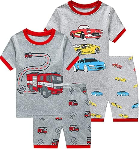 Дете за момчиња пижами кратки поставувања со пожарникар Памук 2 парчиња PJS багер за спиење летна облека Детска џеми поставена големина 1-7t
