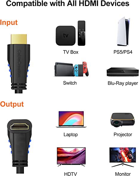 CableCreation 4K HDMI Кабел 6ft - Нагорен Агол 90 Степен Прав Агол 4K HDMI Кабел - Поддржува 4k@60hz Ултра HD За Игри, Стриминг,