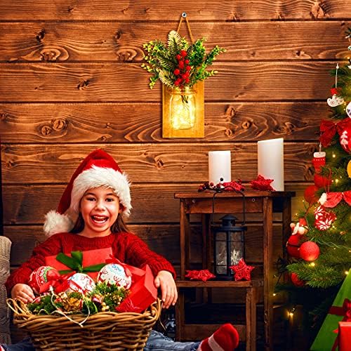 2 парчиња Божиќни asonидарски тегли, црвени бери рустикални asonидарски тегли, божиќен wallид што виси декор со LED ленти за светло за Божиќна