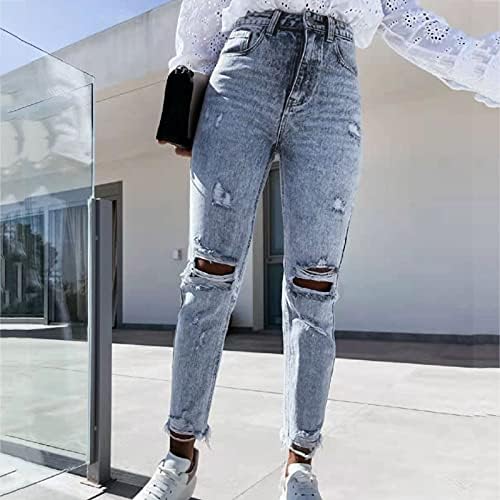Нова насока на панталони панталони џебни фармерки еластични тенок тексас панталони високи жени дупки за женски фармерки
