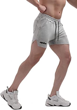 Мајканонг машка вежба за вежбање шорцеви, памук, трчајќи атлетски шорцеви со џебови од патенти