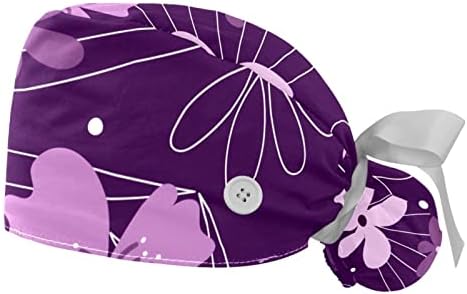 Работна капа со копчиња Медицинска сестра буфантска капа Апстракт модерна форма Виолетова цветна шема за чистење капа за жени долга коса