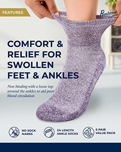 Дијабетични чорапи за глуждот за мажи и жени со затегнати | 6 пара 1/4 широки должини кои не се обврзувачки не -лизгачки дијабетични чорапи