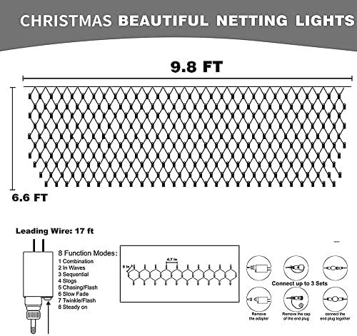 Tw Shine Cristmon Lights Outdoor, 200 LED 9,8ft x 6,6ft Водоотпорни Божиќни мрежни светла се приклучуваат со 8 режими, Декорации за Божиќни