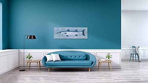 RFDepot Arts Fish Canvas Wallидно уметноста сликарство со текстурирани модерни крајбрежни слики во сина и бела боја естетски тропски уметнички