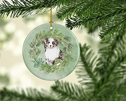 Богатства на Каролина CK8819CO1 Австралиско овчарско кутре сино Мерле Божиќниот венче керамички украс, украси за новогодишни елки, виси украс за