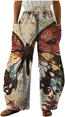 Ndvyxx панталони за жени еластични половини широки нозе памучни и постелнина панталони џебови случајни печатени салон џогери…
