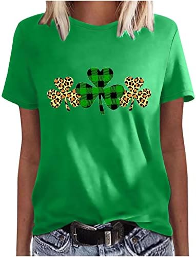 Денот на Денот на Свети Патрик за жени карирани леопард Шамок кошули екипаж на екипаж на кратки ракави за кратки ракави врвови