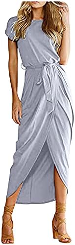 Краток ракав летен долг фустан за жени екипаж нек лабав појас со висок половичен фустан со цврста боја на сплит фустан