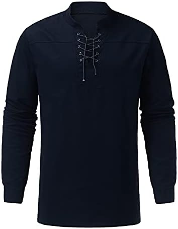 Машка маичка со долги ракави маица обичен цврст штанд со јака копче за блуза, чипка, врзана мека и удобна врвови, пулвер