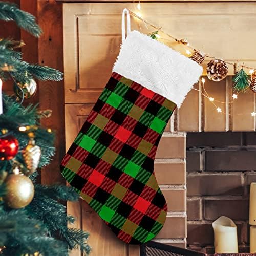 Божиќни чорапи Божиќно црвено црно зелено карирано бело плишано манжетно манжетно, мерцеризирано кадифено семејство, персонализиран