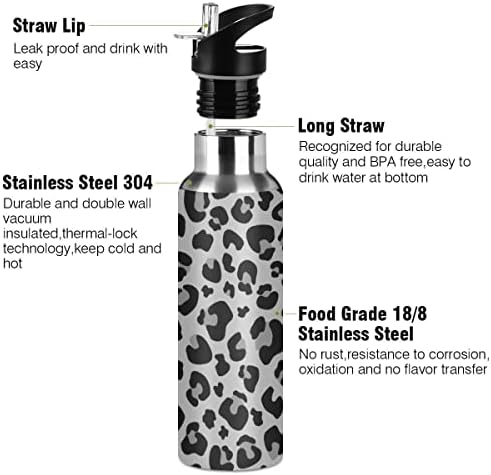 Глафи ​​сиво шише со вода за печатење со леопард со капаче од слама, без BPA, шишиња со вода од 32 мл изолирани не'рѓосувачки