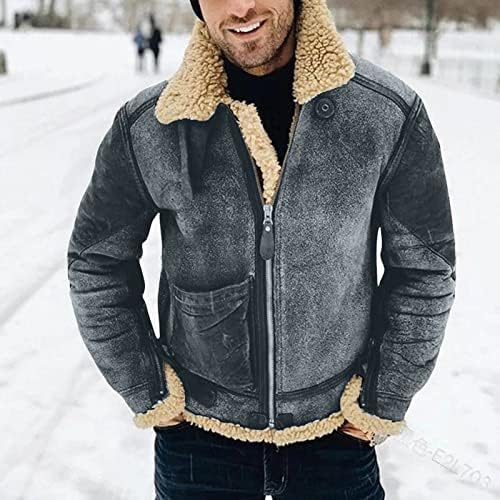 Палта за машка машка зимска топла јакна со густа скут и боја што одговара на боја имитација на кожни јакни