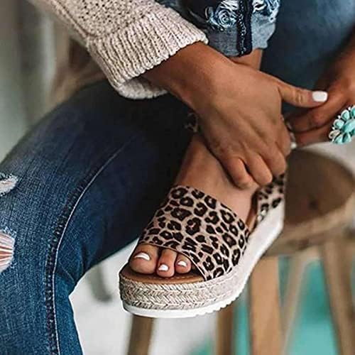 Женски сандали лето цврста боја леопард шема на отворена пети обична платформа чевли со клин пета, обична платно сандала