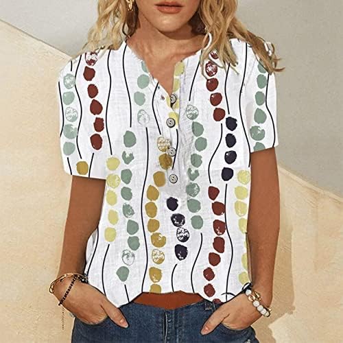Женски врвови 2023 лето Хенли кошула облечена обична тунична врвови со кратки ракави четвртина копче до ретро памучна постелнина блуза