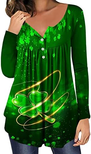 Пимоксв Зелен Свети Патрикс Ден кошули жени плетени со скриени стомачни туники врвни носења со хеланки со долг ракав за одмор Хенли кошула