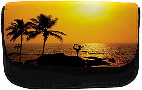 Необичен случај со молив за јога, тропски палми зајдисонце, торба со молив со ткаенини со двојно патент, 8,5 x 5,5, темно кафеава