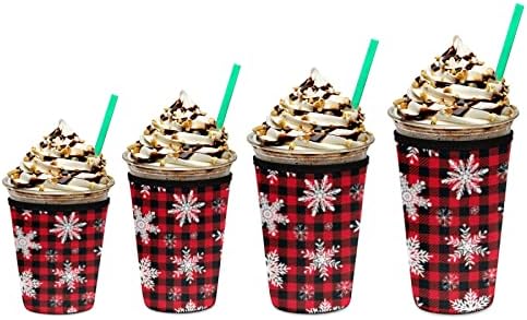 Божиќна снегулка замрзнат кафеав кафе за ладни пијалоци, Божиќно црно црно карирано карирано неопрено ледено кафе, изолирани ракави