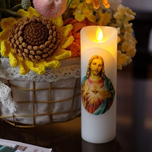 Nonno & ZGF Свето срце на Исус непламен свеќа, вистински восок, подвижен фитил, подарок за свеќи за посветеност на религиозна молитва, батерија