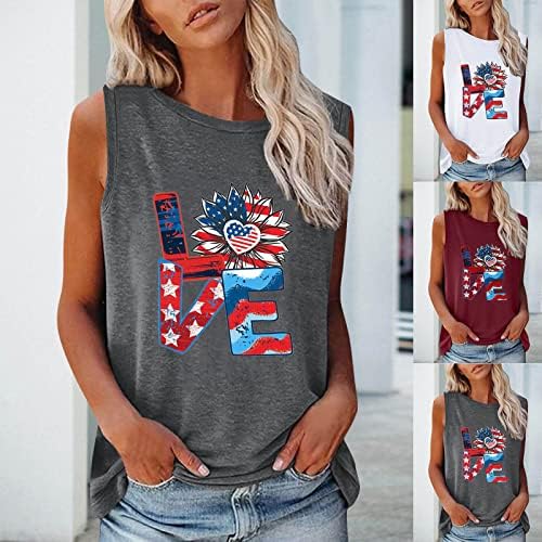 На 4 -ти јули резервоарот за кошули врвови за жени во САД знамето лето обични маички без ракави starsвезди шарени патриотски фитнес резервоар
