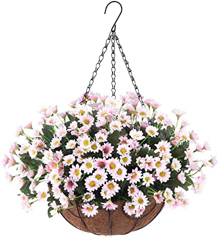 Виси вештачки цветен корпа, висечки цвеќиња од маргаритки во кокос постава висечка корпа за внатрешен двор градинарска тремот декорација