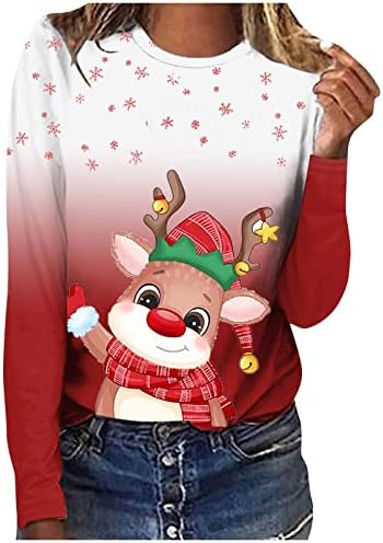 Пад на екипажот џемпер за џемпери на кукавички врат Божиќни печати маички, плус големина активни врвови за жени за жени
