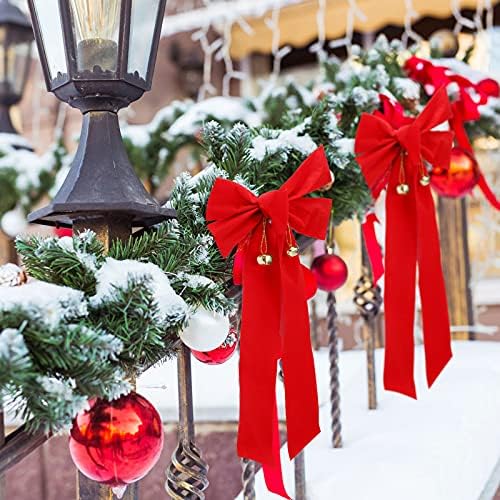 Кадифени Божиќни Црвени Лакови Со Златни Ѕвона од Џингл 9 х 16 Инчи Големи Божиќни Венци Машнички Божиќни Празнични Лакови За Завиткување
