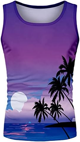 Ubst Mens Beach Tops, летни тропски палми за печатење на палми, без ракави, фитнес, обичен хавајски маици резервоар Топ 2022 лето Нов атлетски