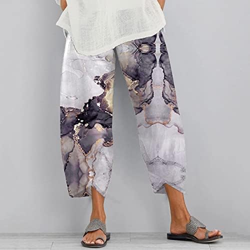 Обични панталони со капри за жени со висока половината памучна постелнина Харем панталони цветни печати лабави вклопени удобни панталони