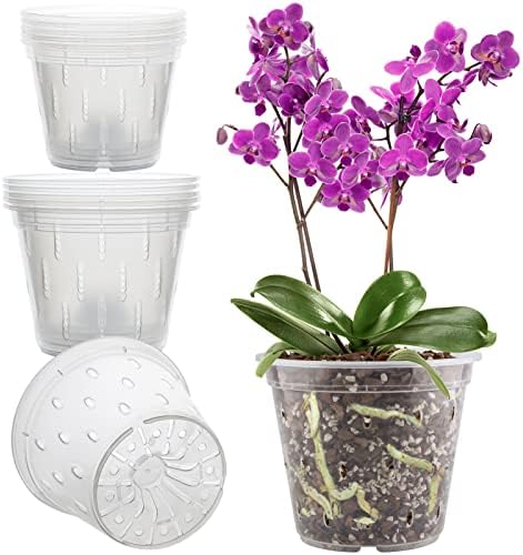 Ремиави Орхидеја тенџере, 8 пакувања со орхидеи садови со дупки и чинии, 5,5 инчи чисти садови за орхидеи за репотент, пластично цвеќе