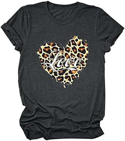 Денот на в Valentубените кошули за жени 2023 летна модна блуза со краток ракав Симпатична екипа за печатење на срце, лабави врвови