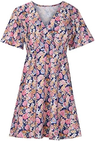 Hoxine Plus големина Флорална печатена фустан за жени лето секојдневен обвивка vneck кратки ракави мини фустани бохо флорен фустан