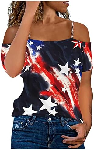 Pimoxv жени 4-ти јули ладно рамо врвови, метална шпагети лента блуза секси празник маичка американско знаме печатена маица
