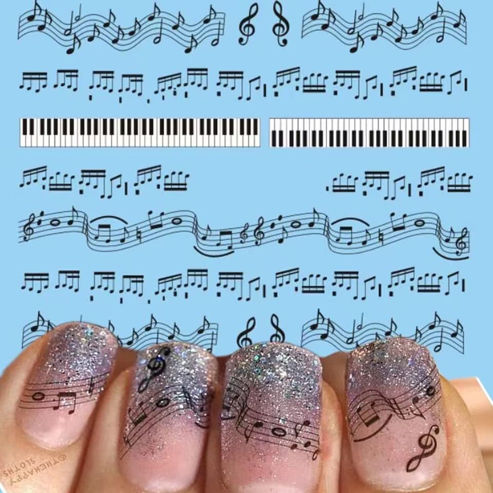 Музички инструменти серија на нокти налепници за уметност, музички ноти за нокти 3Д само-лепете гитара erhu пијано клучеви микрофон