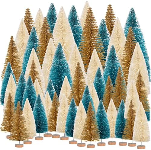 VINSOT 72 PCS MINI SISAL SNOW FROSH TREES, шише сисални дрвја мини новогодишни елки 4 големини со дрвена база за Божиќен декор Божиќна забава