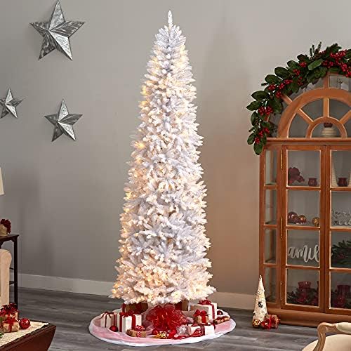9ft. Тенок бела вештачка новогодишна елка со 600 топли бели LED светла и 1860 гранки што се наведнуваат